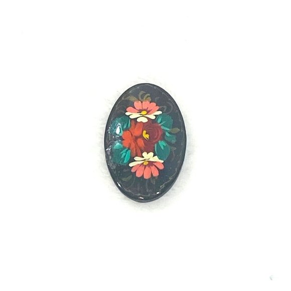 Vintage Russian Hand Painted Brooch Black Lacquer Wood Enamel Floral Oval Signed - Picture 2 of 5